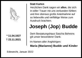 Traueranzeige von Joseph Budde von Nordwest-Zeitung