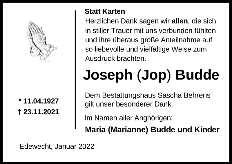  Traueranzeige für Joseph Budde vom 22.01.2022 aus Nordwest-Zeitung