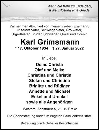 Traueranzeige von Karl Grimsmann von Nordwest-Zeitung