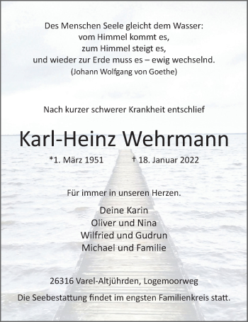 Traueranzeige von Karl-Heinz Wehrmann von Nordwest-Zeitung