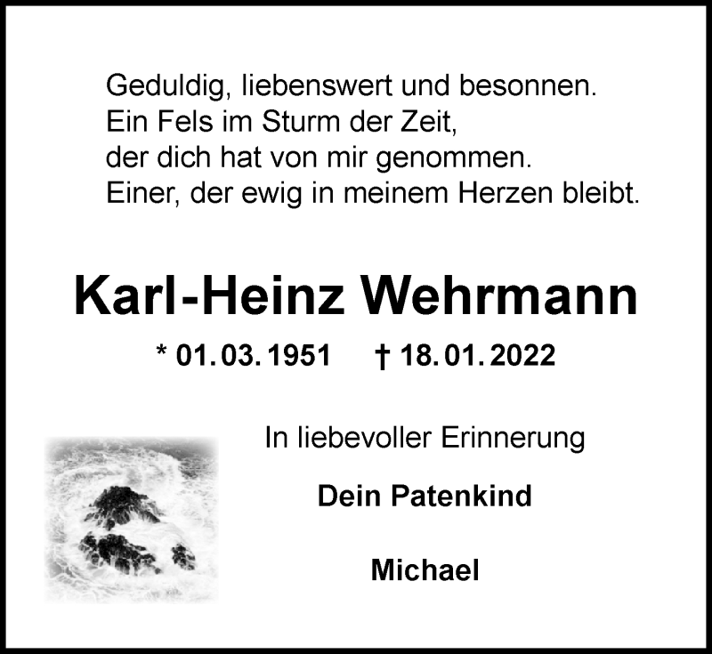  Traueranzeige für Karl-Heinz Wehrmann vom 22.01.2022 aus Nordwest-Zeitung