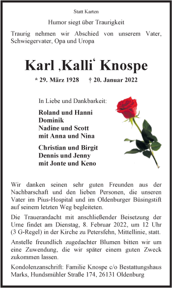 Traueranzeige von Karl Knospe von Nordwest-Zeitung