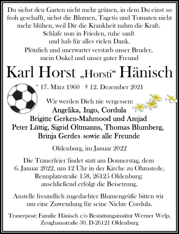 Traueranzeige von Karl Horst Hänisch von Nordwest-Zeitung