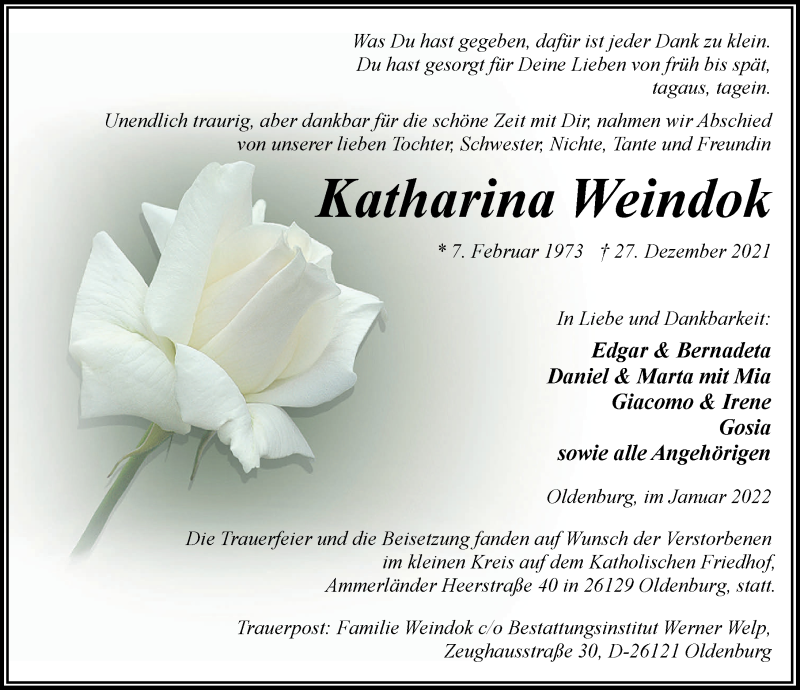  Traueranzeige für Katharina Weindok vom 08.01.2022 aus Nordwest-Zeitung