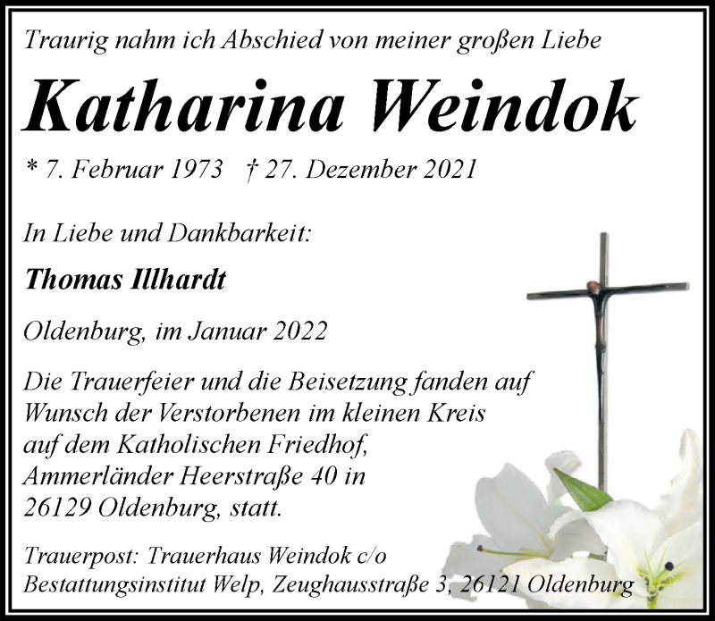  Traueranzeige für Katharina Weindok vom 08.01.2022 aus Nordwest-Zeitung