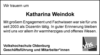 Traueranzeige von Katharina Weindok von Nordwest-Zeitung