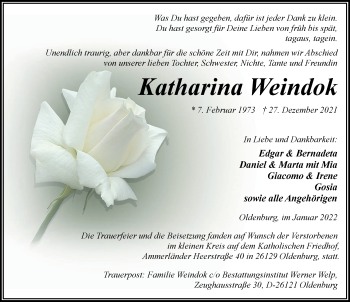 Traueranzeige von Katharina Weindok von Nordwest-Zeitung
