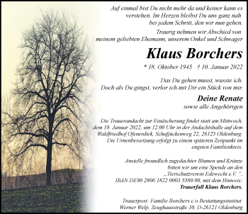 Traueranzeige von Klaus Borchers von Nordwest-Zeitung