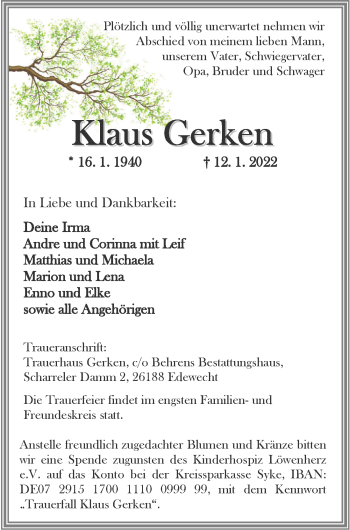 Traueranzeige von Klaus Gerken von Nordwest-Zeitung
