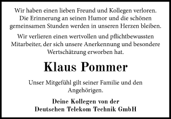 Traueranzeige von Klaus Pommer von Nordwest-Zeitung