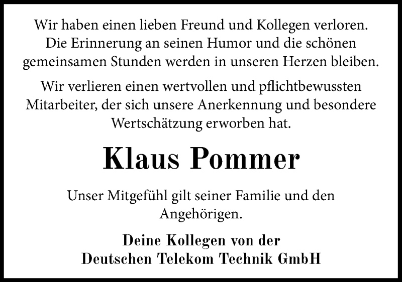  Traueranzeige für Klaus Pommer vom 26.01.2022 aus Nordwest-Zeitung