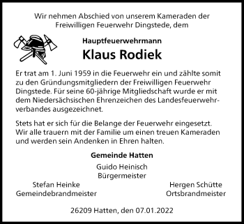 Traueranzeige von Klaus Rodiek von Nordwest-Zeitung