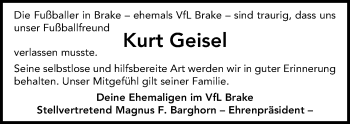 Traueranzeige von Kurt Geisel von Nordwest-Zeitung