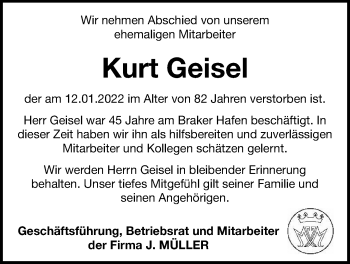 Traueranzeige von Kurt Geisel von Nordwest-Zeitung