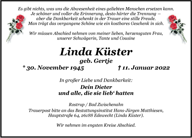  Traueranzeige für Linda Küster vom 14.01.2022 aus Nordwest-Zeitung