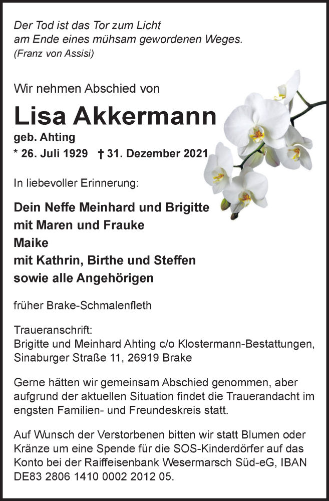  Traueranzeige für Lisa Akkermann vom 08.01.2022 aus Nordwest-Zeitung