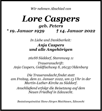 Traueranzeige von Lore Caspers von Nordwest-Zeitung