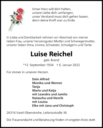 Traueranzeige von Luise Reichel von Nordwest-Zeitung