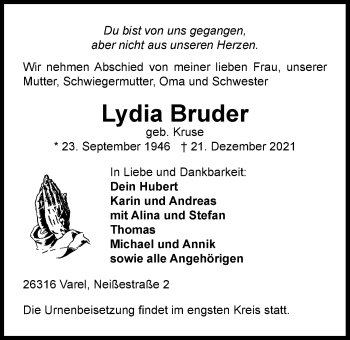 Traueranzeige von Lydia Bruder von Nordwest-Zeitung