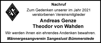 Traueranzeige von Männergesangverein Sangeslust von Nordwest-Zeitung