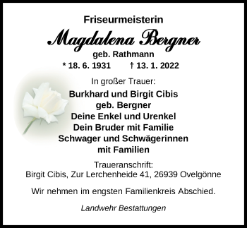 Traueranzeige von Magdalena Bergner von Nordwest-Zeitung