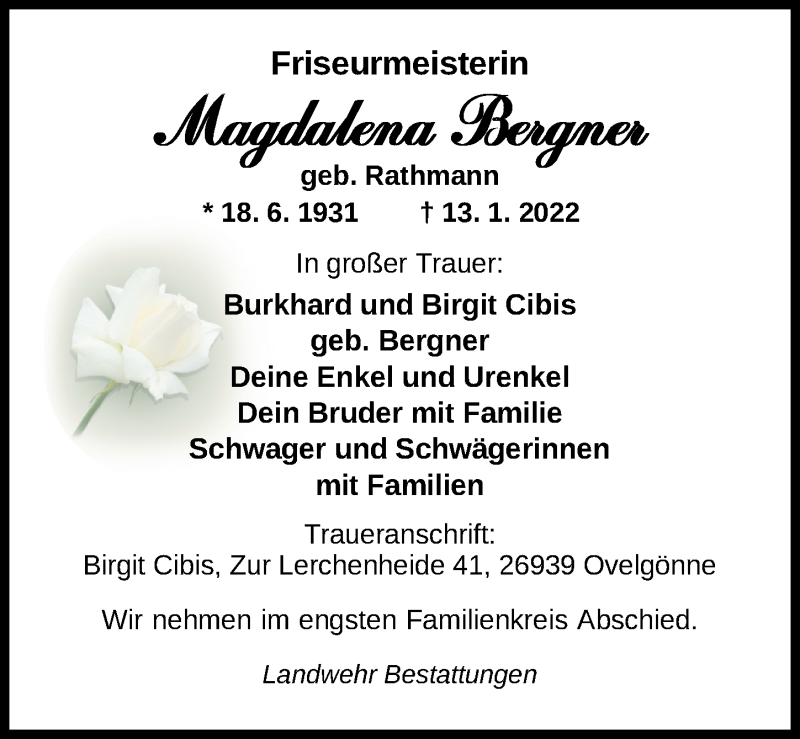  Traueranzeige für Magdalena Bergner vom 18.01.2022 aus Nordwest-Zeitung