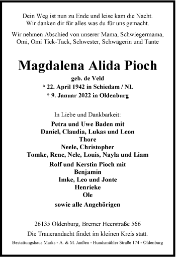 Traueranzeige von Magdalena Alida Pioch von Nordwest-Zeitung