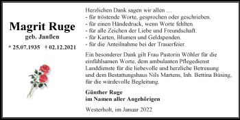 Traueranzeige von Magrit Ruge von Nordwest-Zeitung