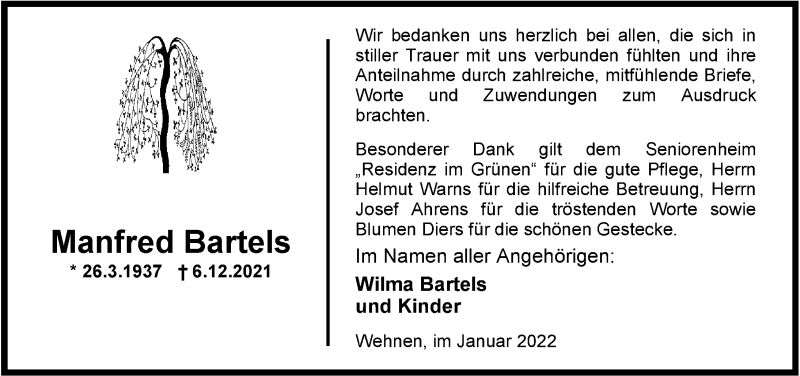 Traueranzeige für Manfred Bartels vom 17.01.2022 aus Nordwest-Zeitung