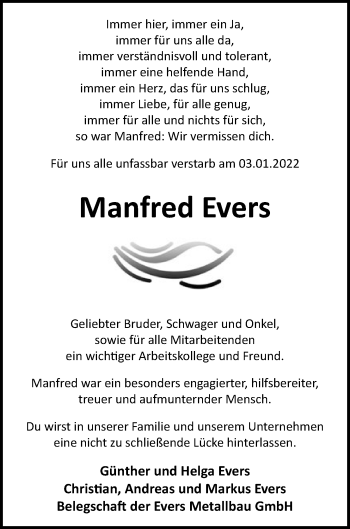 Traueranzeige von Manfred Evers von Nordwest-Zeitung