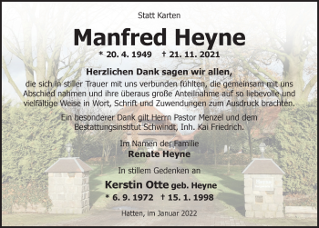 Traueranzeige von Manfred Heyne von Nordwest-Zeitung