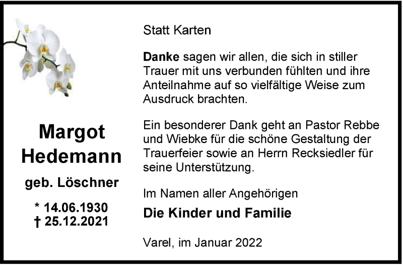  Traueranzeige für Margot Hedemann vom 22.01.2022 aus Nordwest-Zeitung