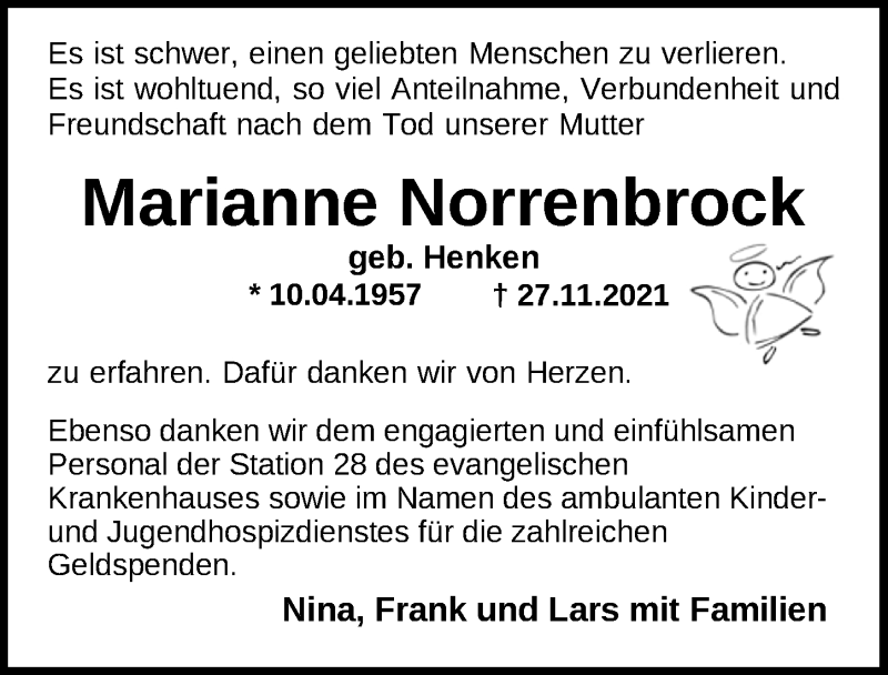  Traueranzeige für Marianne Norrenbrock vom 15.01.2022 aus Nordwest-Zeitung