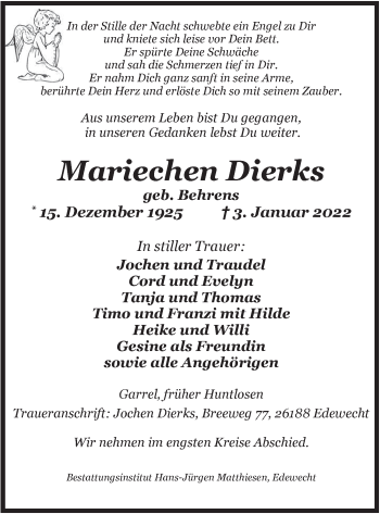 Traueranzeige von Mariechen Dierks von Nordwest-Zeitung