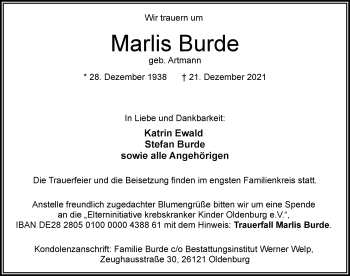 Traueranzeige von Marlis Burde von Nordwest-Zeitung