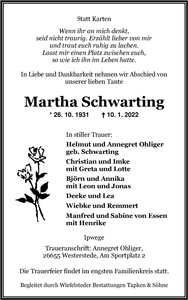  Traueranzeige für Martha Schwarting vom 14.01.2022 aus Nordwest-Zeitung