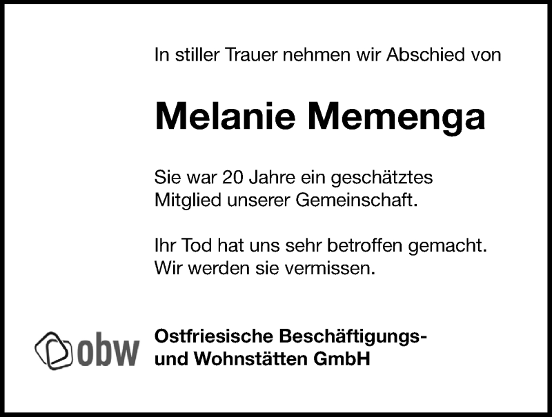  Traueranzeige für Melanie Memenga vom 15.01.2022 aus Emder Zeitung