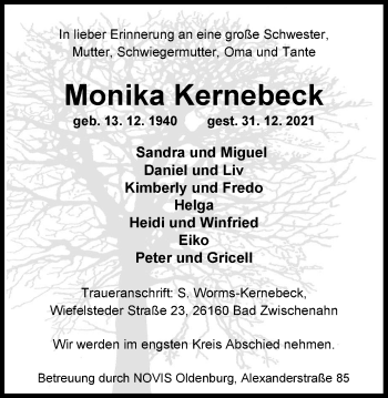 Traueranzeige von Monika Kernebeck von Nordwest-Zeitung