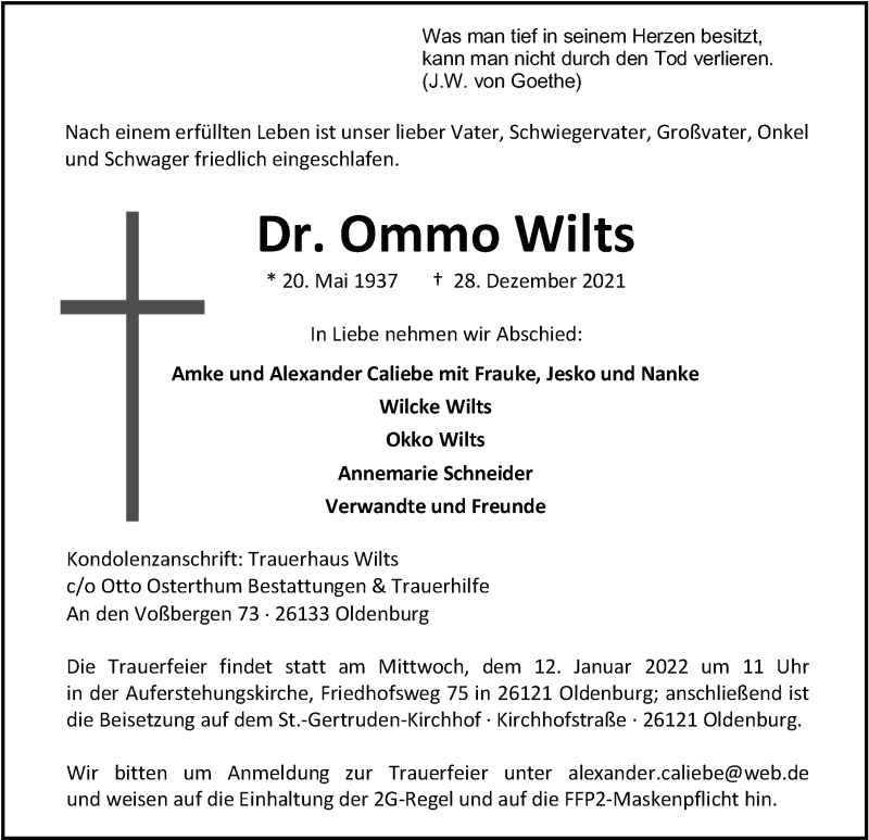  Traueranzeige für Ommo Wilts vom 04.01.2022 aus Nordwest-Zeitung