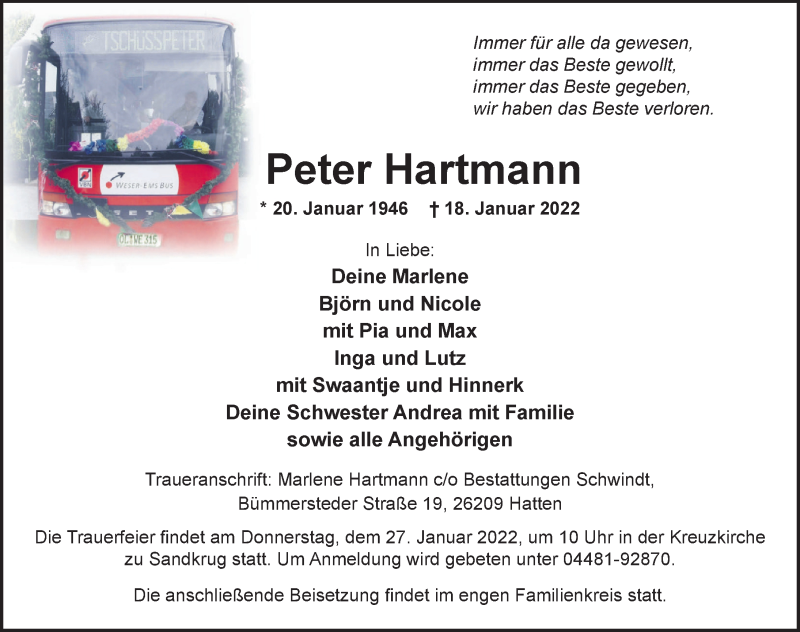  Traueranzeige für Peter Hartmann vom 21.01.2022 aus Nordwest-Zeitung