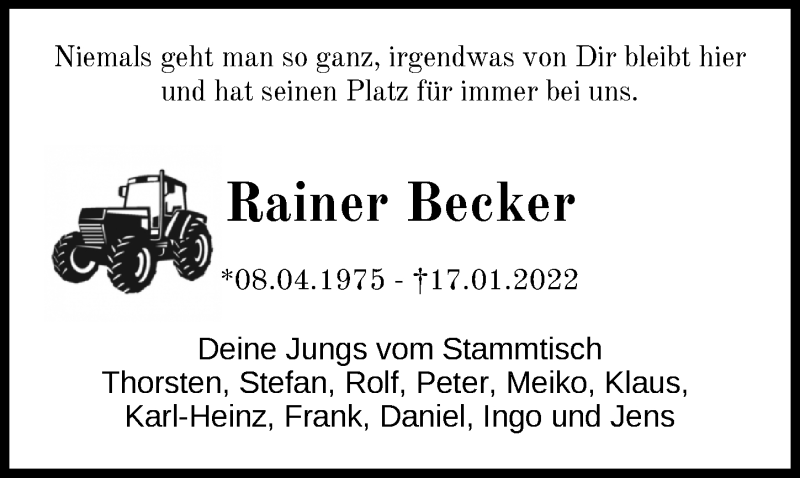  Traueranzeige für Rainer Becker vom 20.01.2022 aus Nordwest-Zeitung