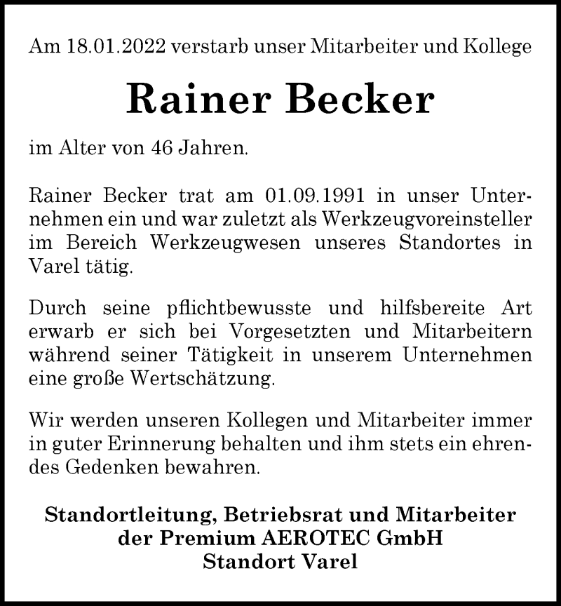 Traueranzeige für Rainer Becker vom 22.01.2022 aus Nordwest-Zeitung
