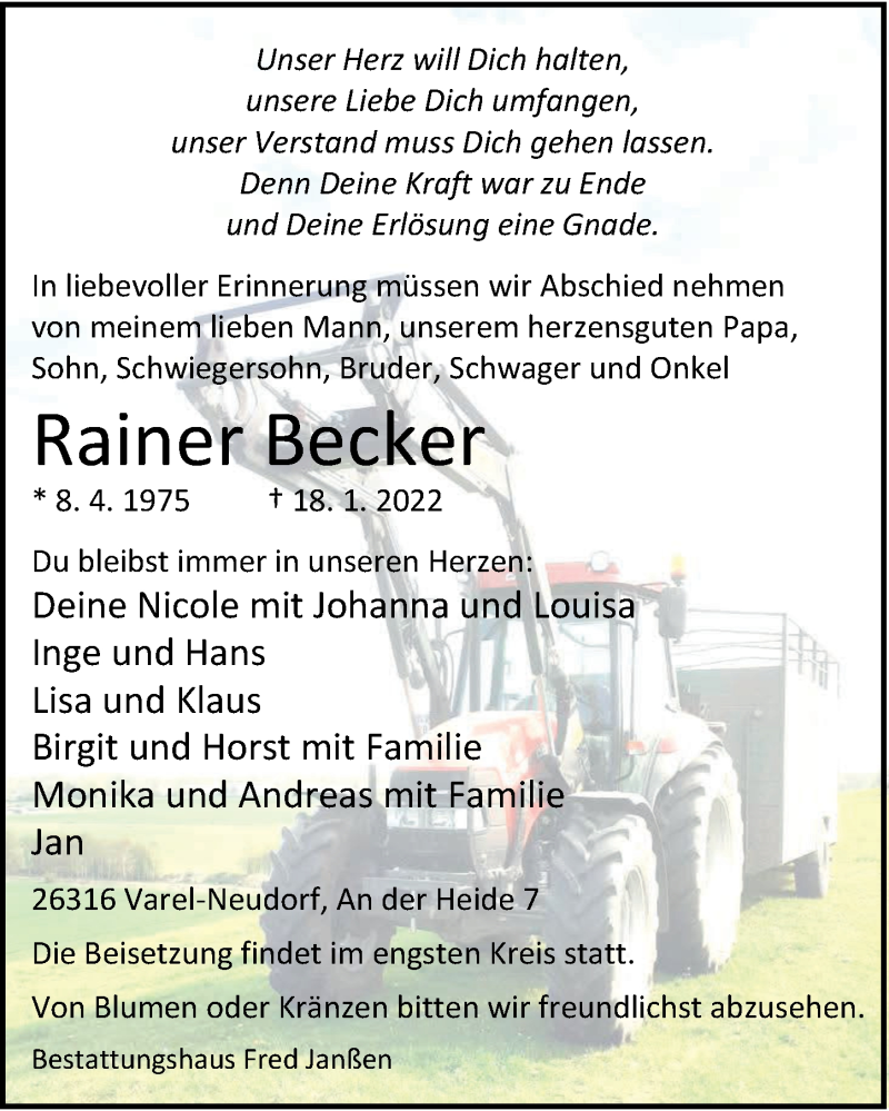  Traueranzeige für Rainer Becker vom 22.01.2022 aus Nordwest-Zeitung