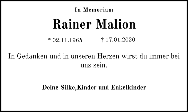  Traueranzeige für Rainer Malion vom 17.01.2022 aus Emder Zeitung