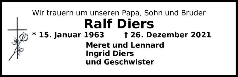  Traueranzeige für Ralf Diers vom 22.01.2022 aus Nordwest-Zeitung