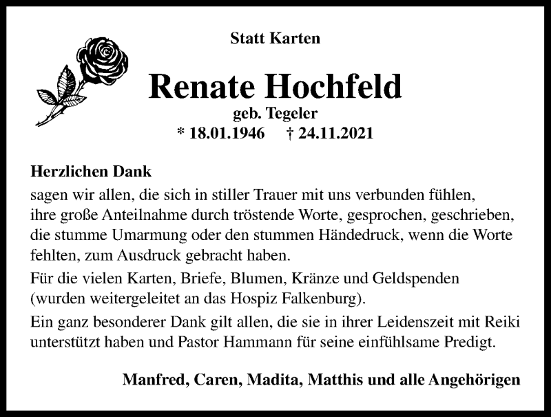  Traueranzeige für Renate Hochfeld vom 05.01.2022 aus Nordwest-Zeitung