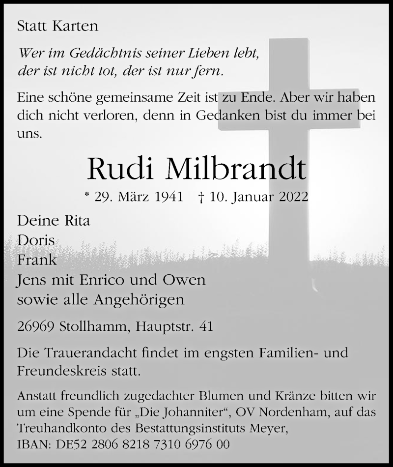  Traueranzeige für Rudi Milbrandt vom 14.01.2022 aus Nordwest-Zeitung