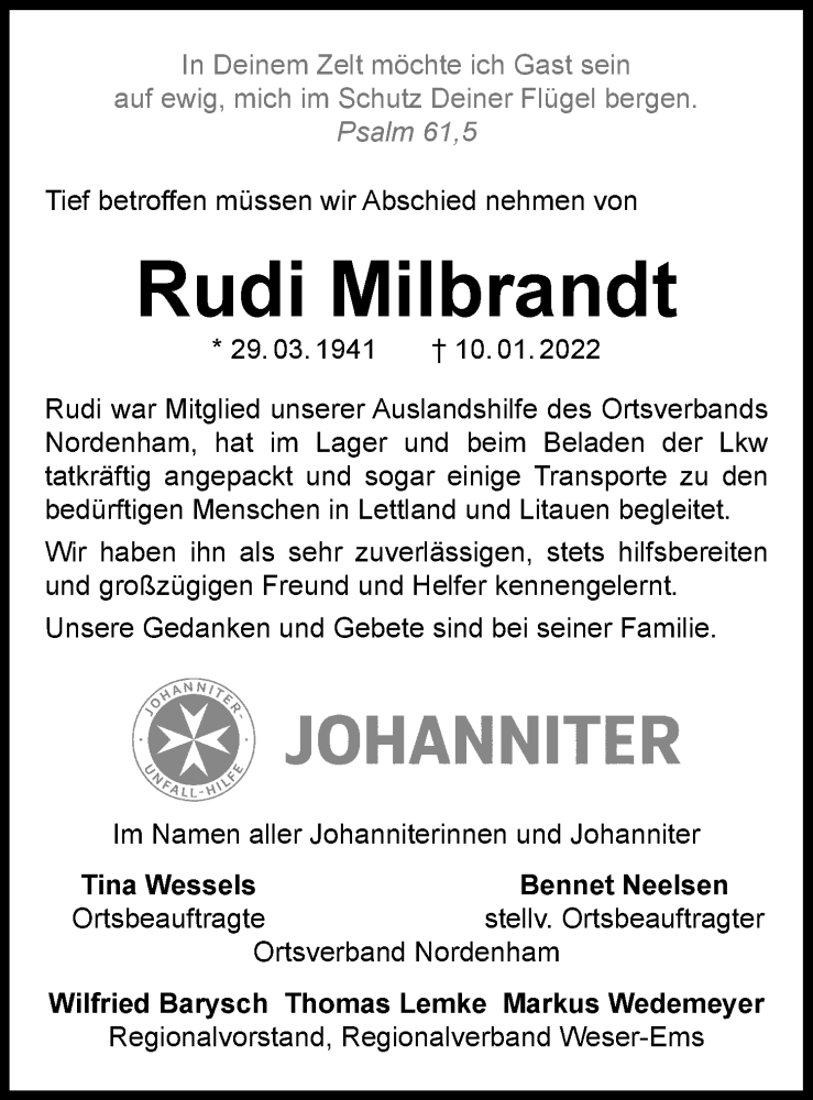  Traueranzeige für Rudi Milbrandt vom 26.01.2022 aus Nordwest-Zeitung