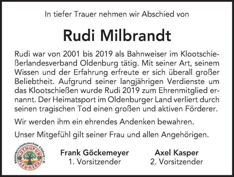  Traueranzeige für Rudi Milbrandt vom 14.01.2022 aus Nordwest-Zeitung