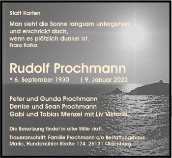 Traueranzeige von Rudolf Prochmann von Nordwest-Zeitung